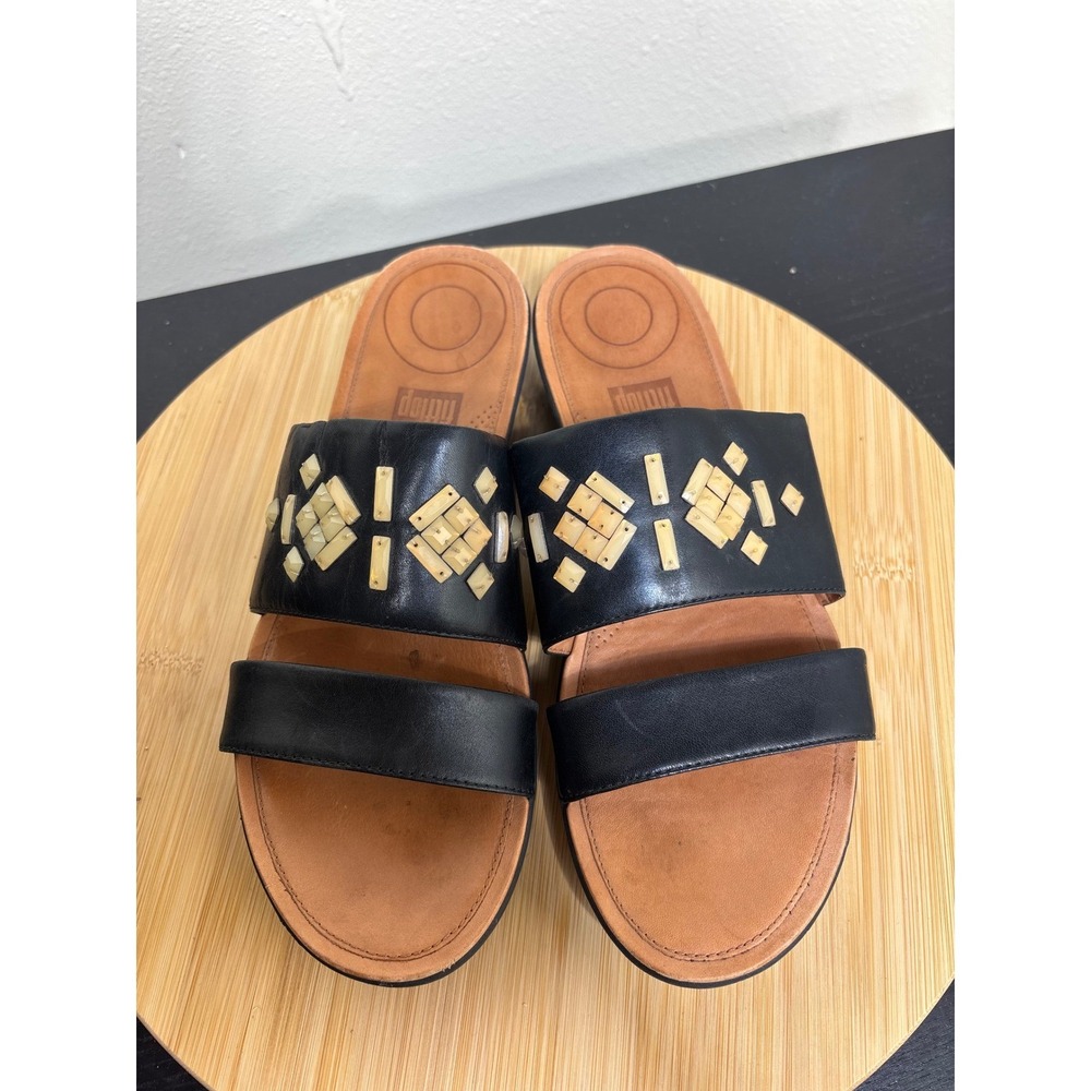 Fitflop Delta Black Leather Embellished Slide Sandals Comfort Casual‎ Shoes - Picture 4 of 12